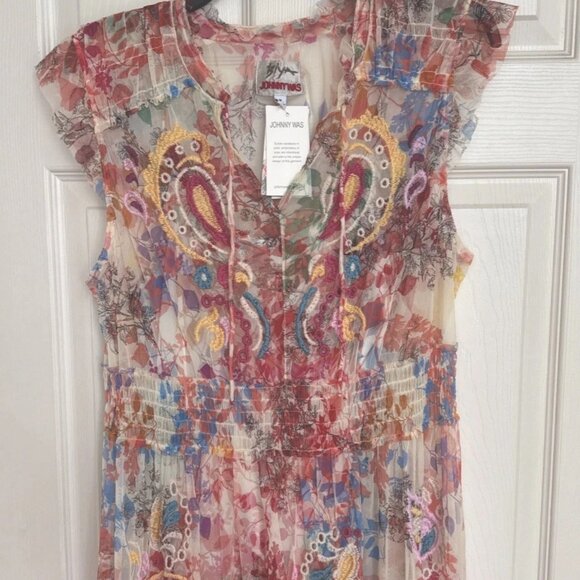 NWT Johnny Was Mazzy Embroidered Mesh Tie Dress Leafy Colorful Size XL - Picture 4 of 5